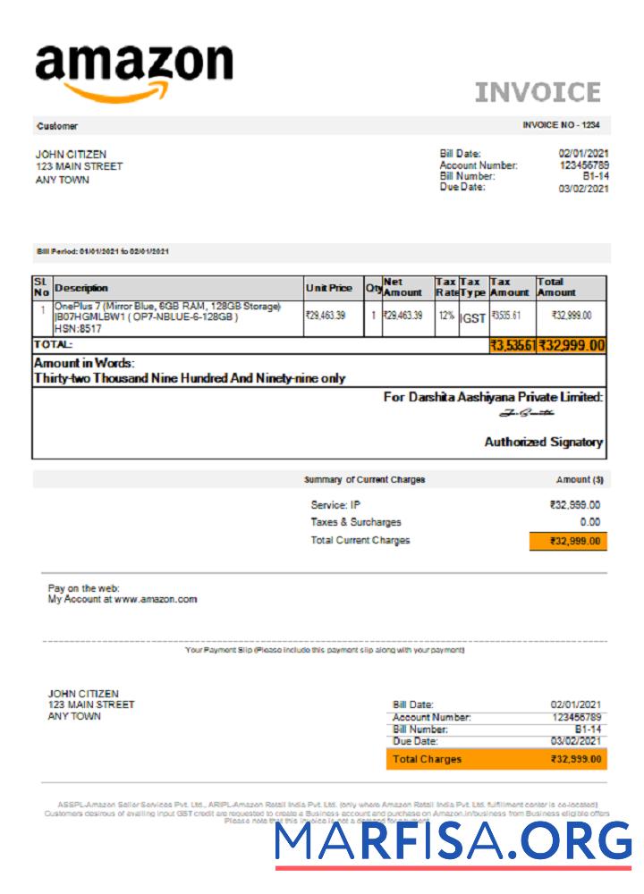 Blank USA Amazon invoice example